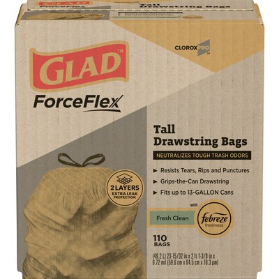 CloroxPro Glad 13 Gallon Drawstring Kitchen Trash Bag, Fresh Clean Scent, Gray, 110 Total Bags (22656)