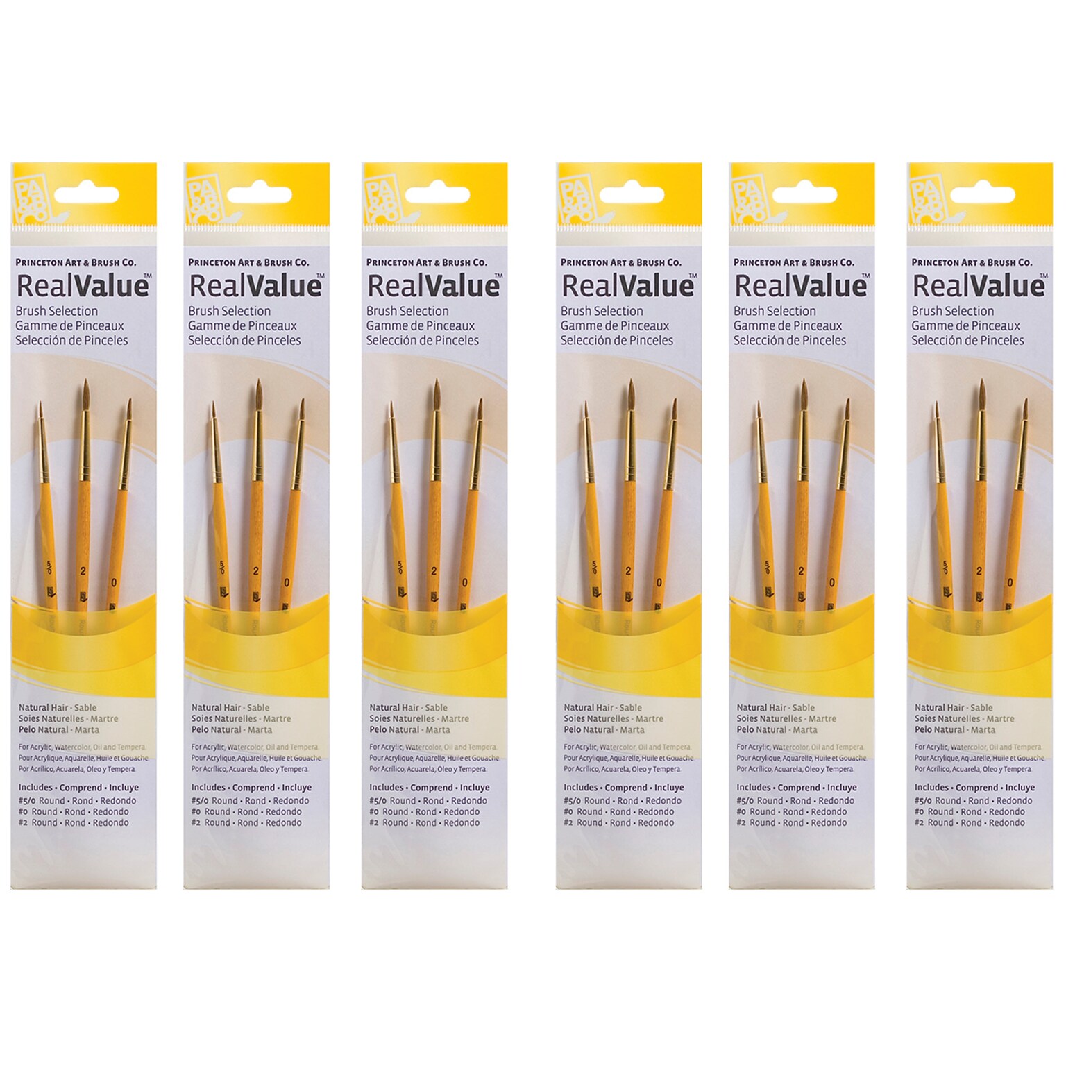 Princeton RealValue Short Handle Mixed Media Natural Camel Variety Round Brush Set, 3/Set, 6 Sets/Bundle (PBXPR9105-6)