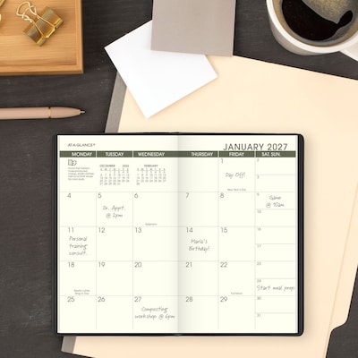 2027-2028 AT-A-GLANCE Recycled 3.5" x 6" Monthly Planner, Faux Leather Cover, Black (70-024G-05-27)