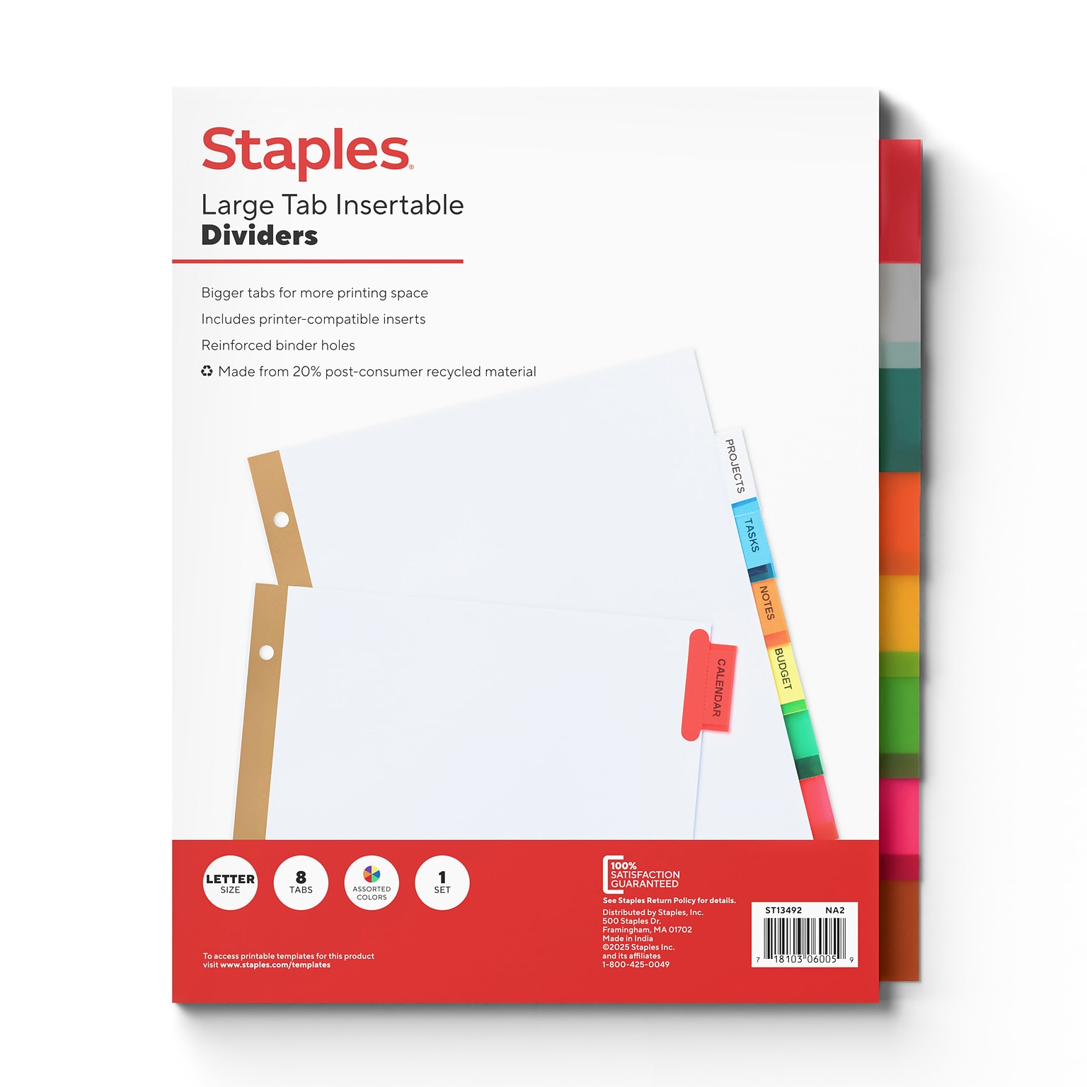 Staples Large Tab Insertable Dividers, 8 Tabs, Assorted Colors (13492/11123)
