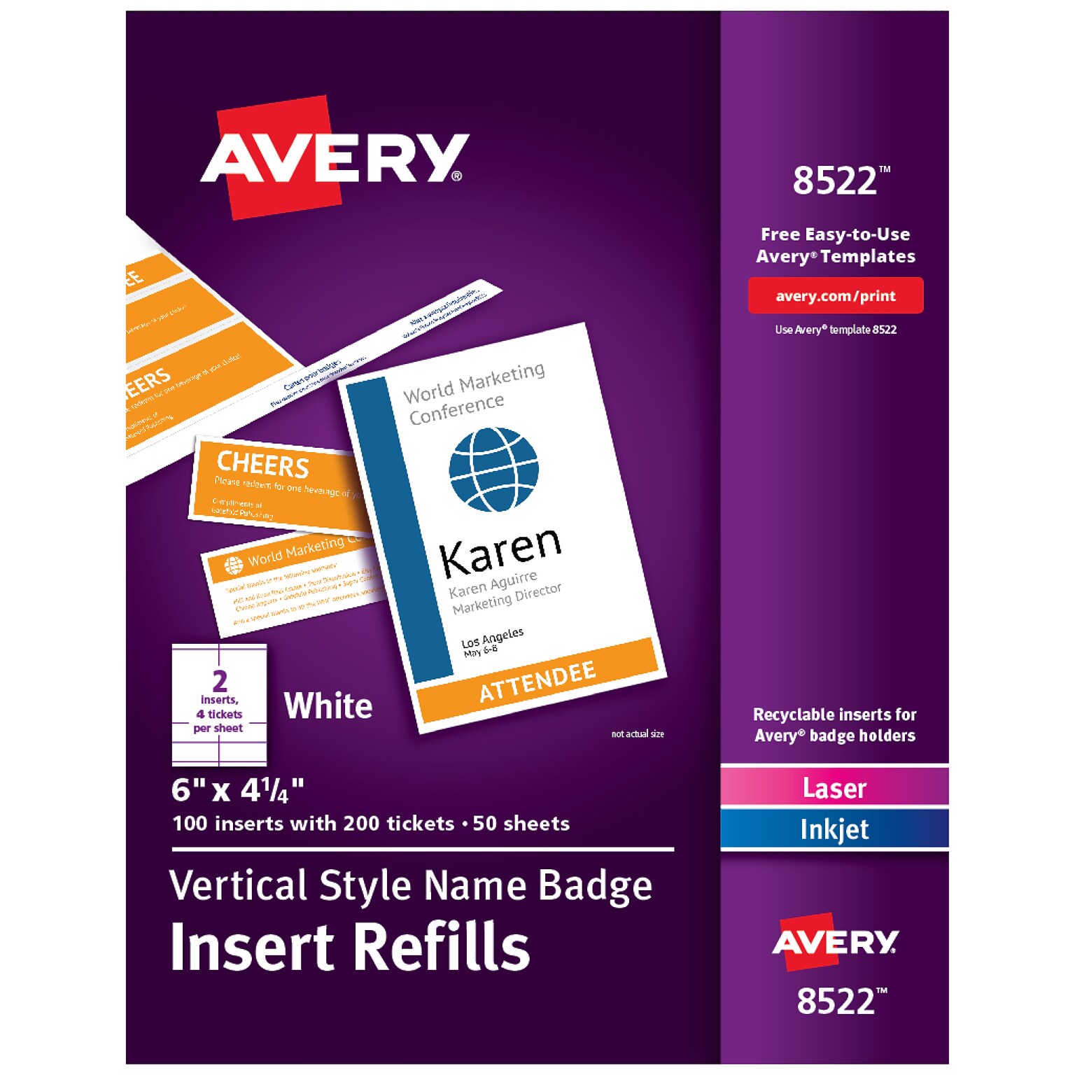 Avery Vertical Style Laser/Inkjet Name Badge & Ticket Inserts, 6 x 4 1/4, White, 100 Inserts Per Box (8522)