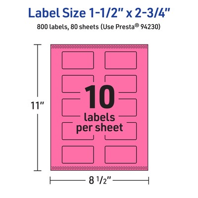 Avery Laser/Inkjet Rectangle Multipurpose Labels, 1.5" x 2.75", Bright Pink, 800/Box (94230)