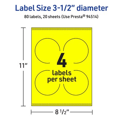Avery Laser/Inkjet Round Multipurpose Labels, 3.5" Dia., Neon Yellow, 80/Pack (94514)