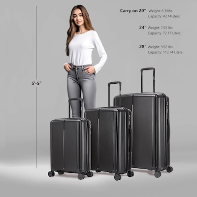 DUKAP Airley 3-Piece Hardside Spinner Luggage Set, TSA Checkpoint Friendly, Black (DKAIRSML-BLK)