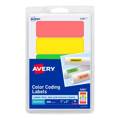 Avery Laser Color Coding Labels, 1 x 3, Assorted Colors, 5/Sheet, 40 Sheets/Pack (5481)