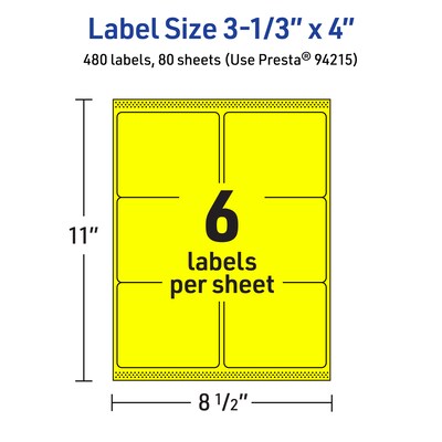 Avery Laser/Inkjet Multipurpose Rectangle Labels, 3-1/3" x 4", Neon Yellow, 480/Box (94215)