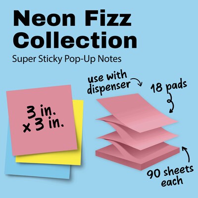 Post-it Super Sticky Pop-up Notes, 3 x 3, Neon Fizz Collection, 90 Sheet/Pad, 18 Pads/Pack (R33018SSAUCP)