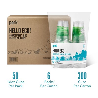 Perk™ Eco Compostable Plastic Cold Cup, 16 Oz., Clear/Green, 300/Carton (PK56197)
