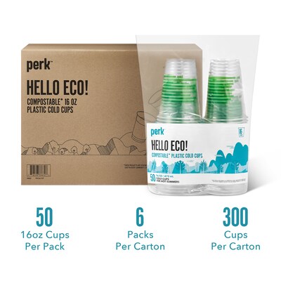 Perk™ Compostable Plastic Cold Cup, 16 Oz., Clear/Green, 300/Carton (PK56197)