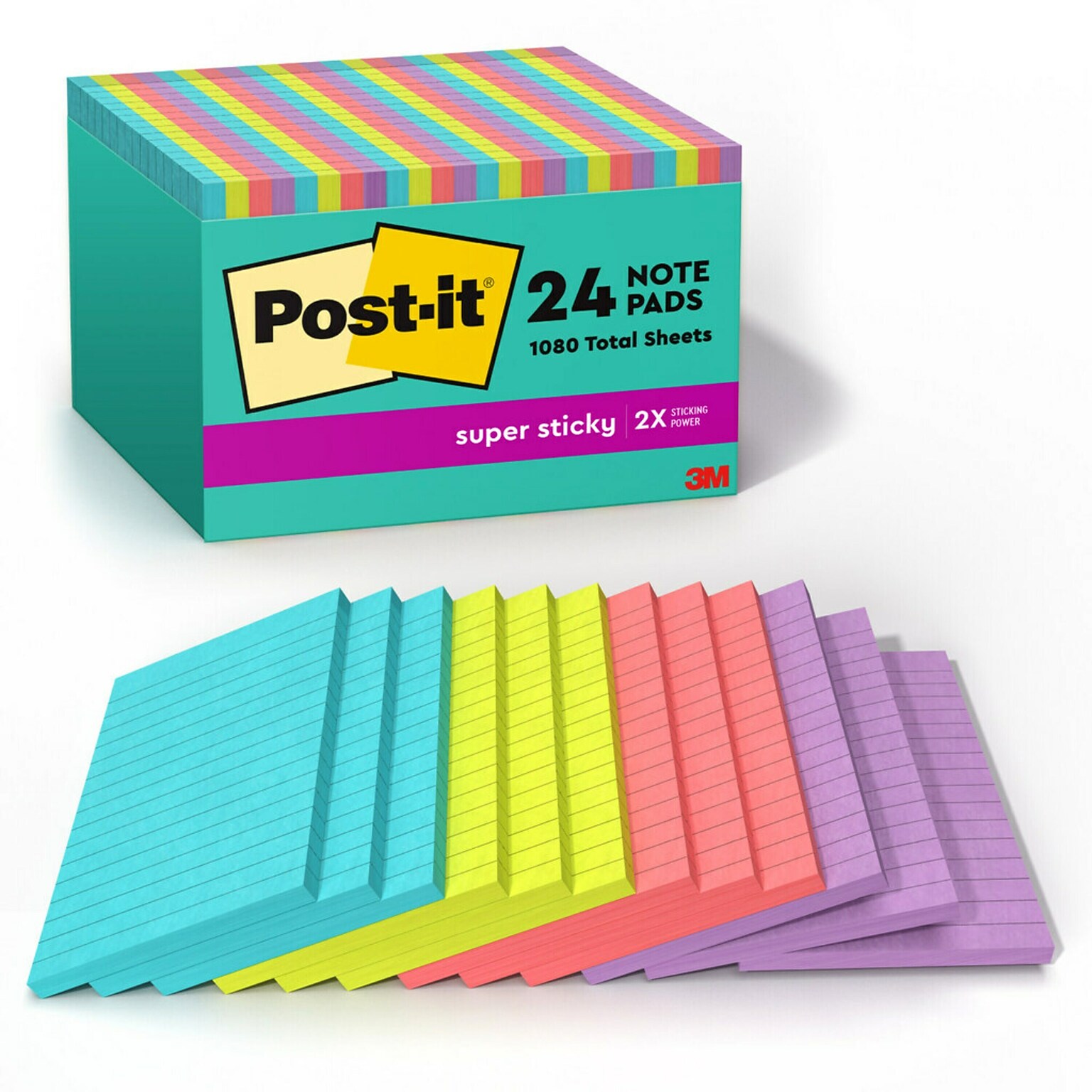 Post-it Super Sticky Notes, 4 x 6, Supernova Neons Collection, Lined, 45 Sheets/Pad, 24 Pads/Pack (660-24SSMIA-CP)