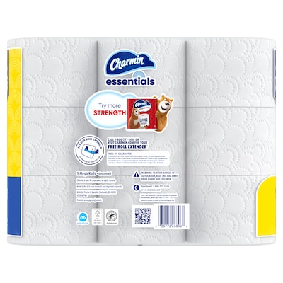 Charmin Essentials Mega Toilet Paper, 1-Ply, White, 407 Sheets/Roll, 9 Rolls/Pack, 4 Packs/Carton (04536)