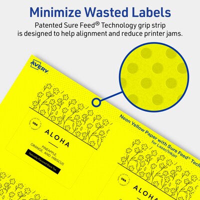 Avery Square Laser/Inkjet Multipurpose Labels, 2.75" x 2.75", Neon Yellow (240/Box)