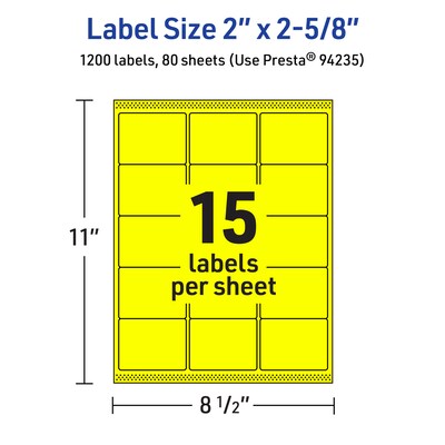 Avery Laser/Inkjet Multipurpose Rectangle Labels, 2" x 2-5/8", Neon Yellow, 1200/Box (94235)