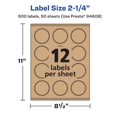Avery Laser/Inkjet Burst Multipurpose Labels, 2.25" Dia., Kraft Brown, 600 Labels/Box ( 94608)