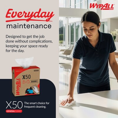 WypAll GeneralClean X50 Cloth Cleaning Wipers, 12.5" x 9.1", White, 168 Wipers/Box, 10/Carton (83550)