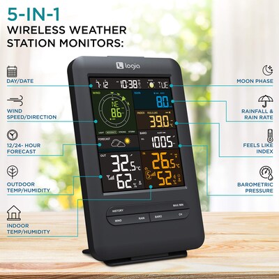 Logia 5-in-1 Wi-Fi Weather Station w/ Solar, Alarms and More, Indoor/Outdoor Weather Station (LOWSC5