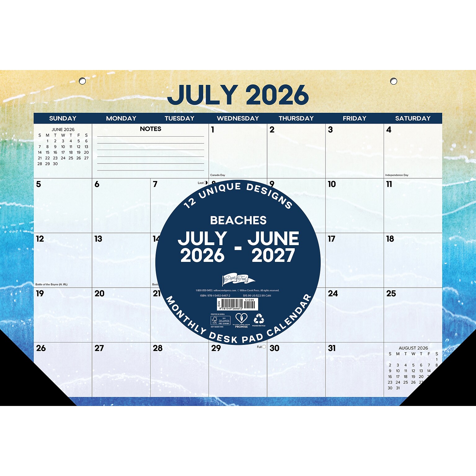 2026-2027 Willow Creek 17 x 12 Academic Monthly Desk Calendar, Beaches (64672)