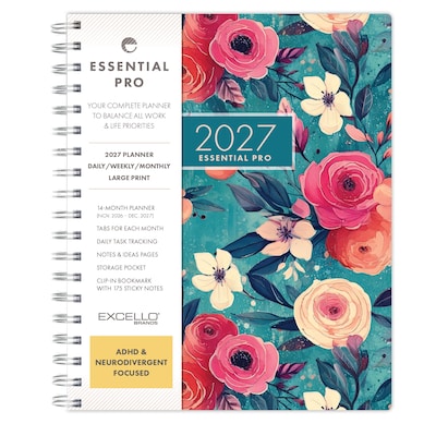 2027 Excello Brands Essential Pro 7 x 9 Weekly & Monthly Planner, Teal Floral (ESPRO-CY27-79-17)