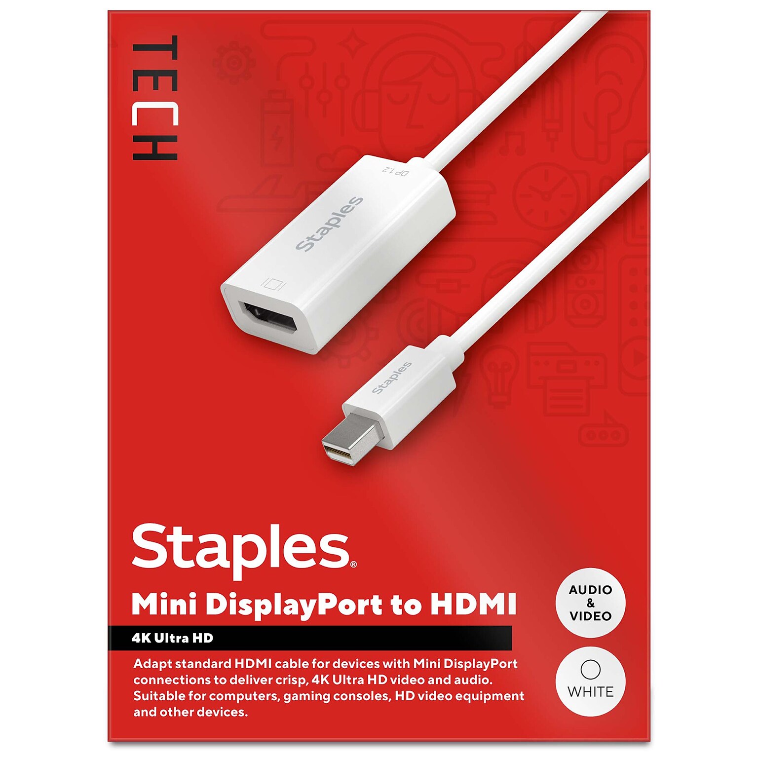 Staples TECH Mini DisplayPort to HDMI Audio/Video Adapter, Male to Female, White (ST62353)