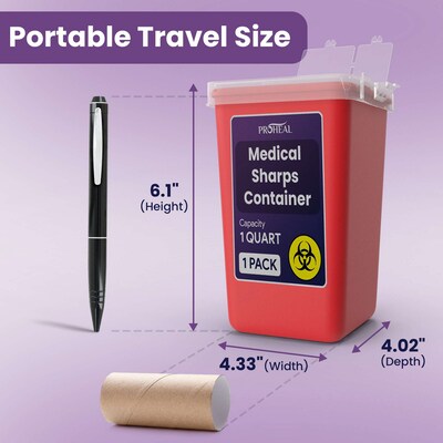 ProHeal Small Sharps Containers for Home Use, 1 Quart Needle Disposal Portable for Biohazard Medical Waste, 3/Pack (PH-16383H)