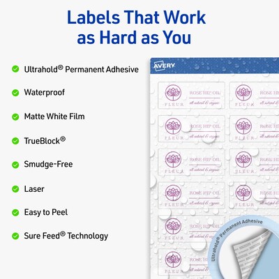 Avery Waterproof Rectangle Laser Multipurpose Labels, 1 x 2.5, White, 600/Pack (19479399249)