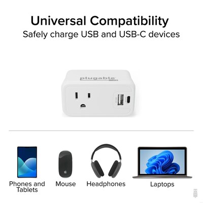 Plugable Wall Outlet Extender with USB-C and USB Charger, White (PS1-CA1)