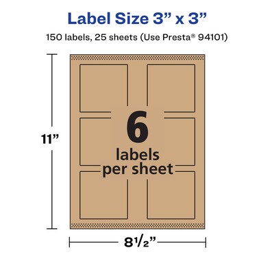 Avery Square Labels, 3" x 3", Kraft Brown, 150 Labels/Pack (94101)