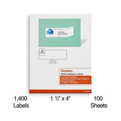 Staples® Laser/Inkjet Address Labels, 1 1/3" x 4", White, 14 Labels/Sheet, 100 Sheets/Pack, 1400 Sheets/Box (ST18059-CC)