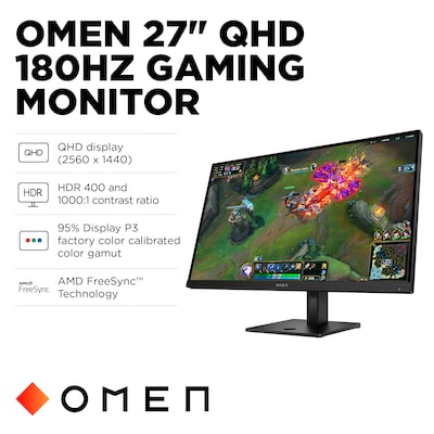 HP OMEN 27 QHD 180Hz LCD AMD FreeSync Gaming Monitor, HDR 400, Height Adjustable, Black (AV4H6AA#ABA)