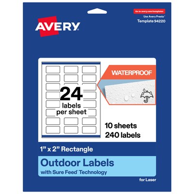 Avery Waterproof Rectangle Laser Multipurpose Labels, 1 x 2, White, 240/Pack (19479399244)