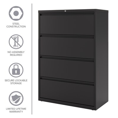Hirsh 36" Wide 4-Drawer Metal Lateral File Cabinet, Letter/Legal and A4 Hanging Folders, Matte Black (25839)