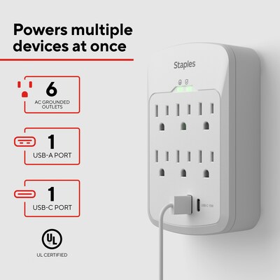 Staples TECH 6-Outlet 2-USB Port Surge Protector, 1800 Joules, White (ST62764)