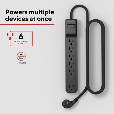 Staples TECH 6-Outlet Surge Protector, 6, 1800 Joules, Black (ST62779)