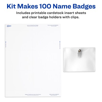 Avery Clip Style Laser/Inkjet Name Badge Kit, 3" x 4", Clear Holders with White Inserts, 100/Box (74541)