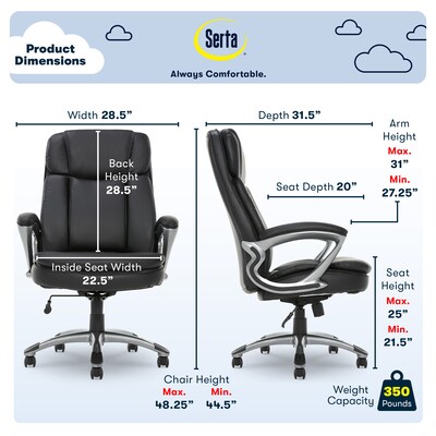 Serta Big & Tall Ergonomic Faux Leather Executive Big & Tall Chair, 350 lb. Capacity, Black (43675OSS)