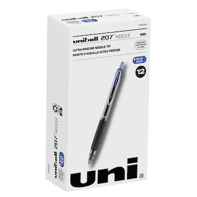 uniball 207 Needle Retractable Gel Pens, Medium Point, 0.7mm, Blue Ink, Dozen (1736098)