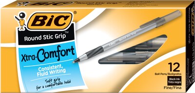 BIC Round Stic Grip Xtra Comfort Ballpoint Pens, Fine Point, 0.8mm, Black Ink, Dozen (13902)