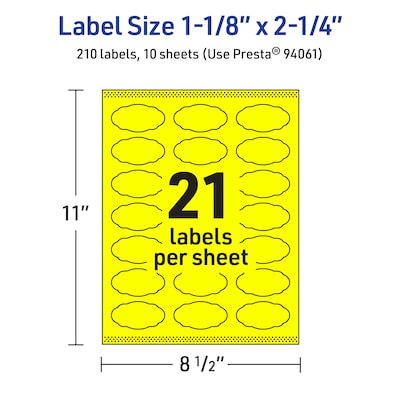 Avery Oval Scalloped Laser/Inkjet Multipurpose Labels, 1-1/8" x 2-1/4", Neon Yellow (210/Pack)