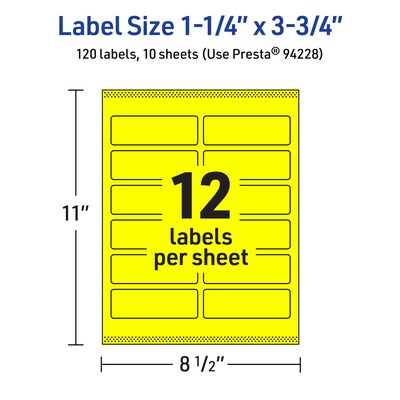 Avery Laser/Inkjet Rectangle Multipurpose Labels, 1.25" x 3.75", Neon Yellow, 120/Pack (94228)