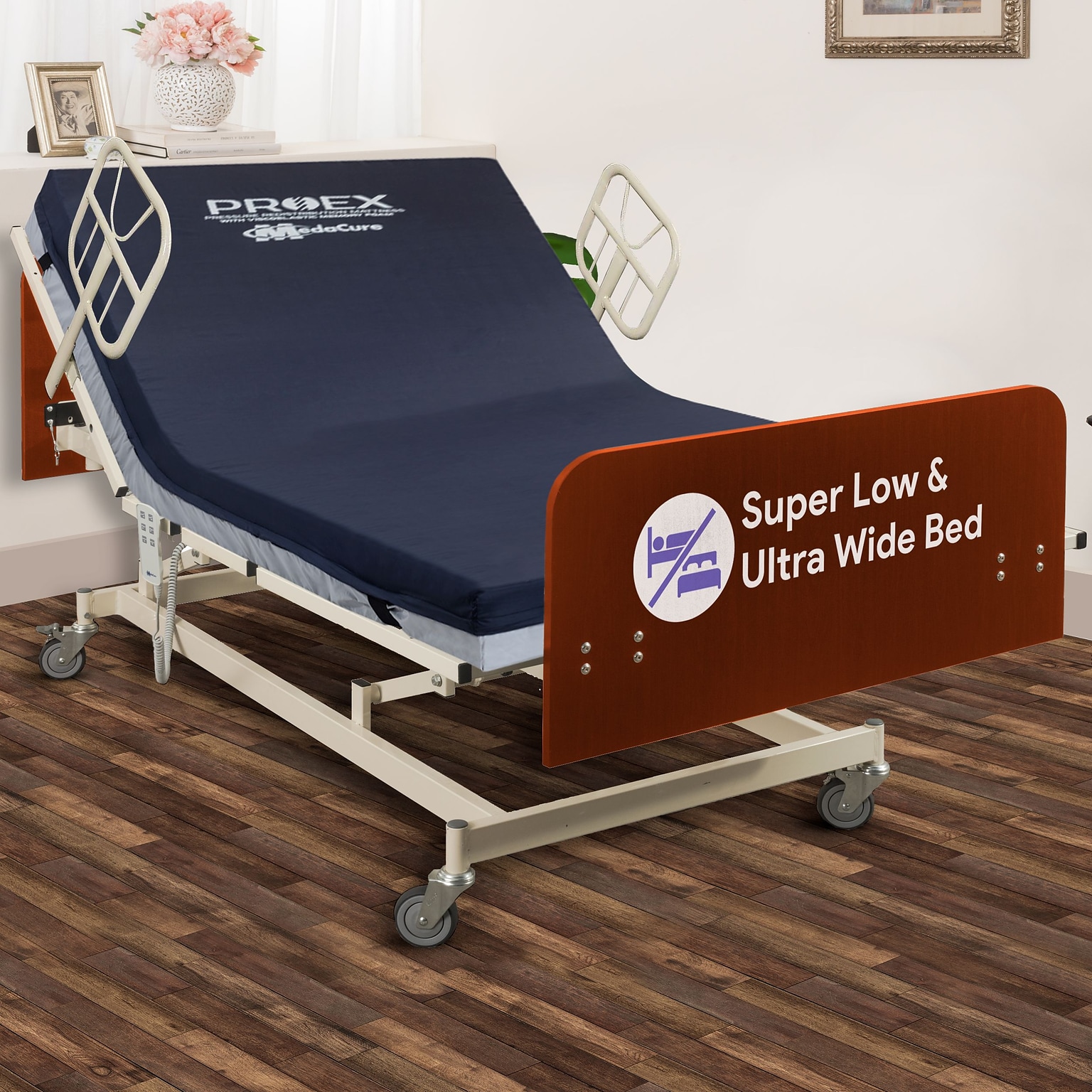 Medacure Super Low Electrical Bariatric Hospital Bed w/ 42 Foam Mattress, 8 Function Hand Pendant, Mahogany (MC-SLB42MH0KA)