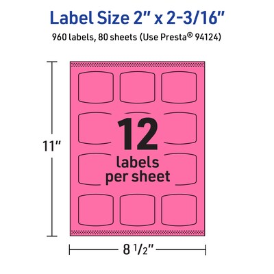 Avery Laser/Inkjet Arched Square Multipurpose Labels, 2" x 2-3/16", Bright Pink, 960/Box (94124)