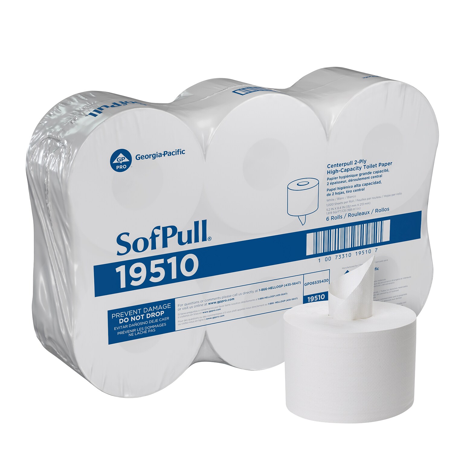 SofPull CenterPull Toilet Paper, 2-Ply, White, 1000 Sheets/Roll, 6 Rolls/Carton (19510)