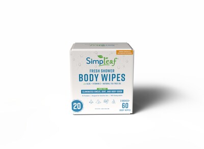 Simpleaf Fresh Shower Body Flushable Wipes, 12 x 12, 20 Single Wipes/Box, 3 Boxes/Carton (S-008-60