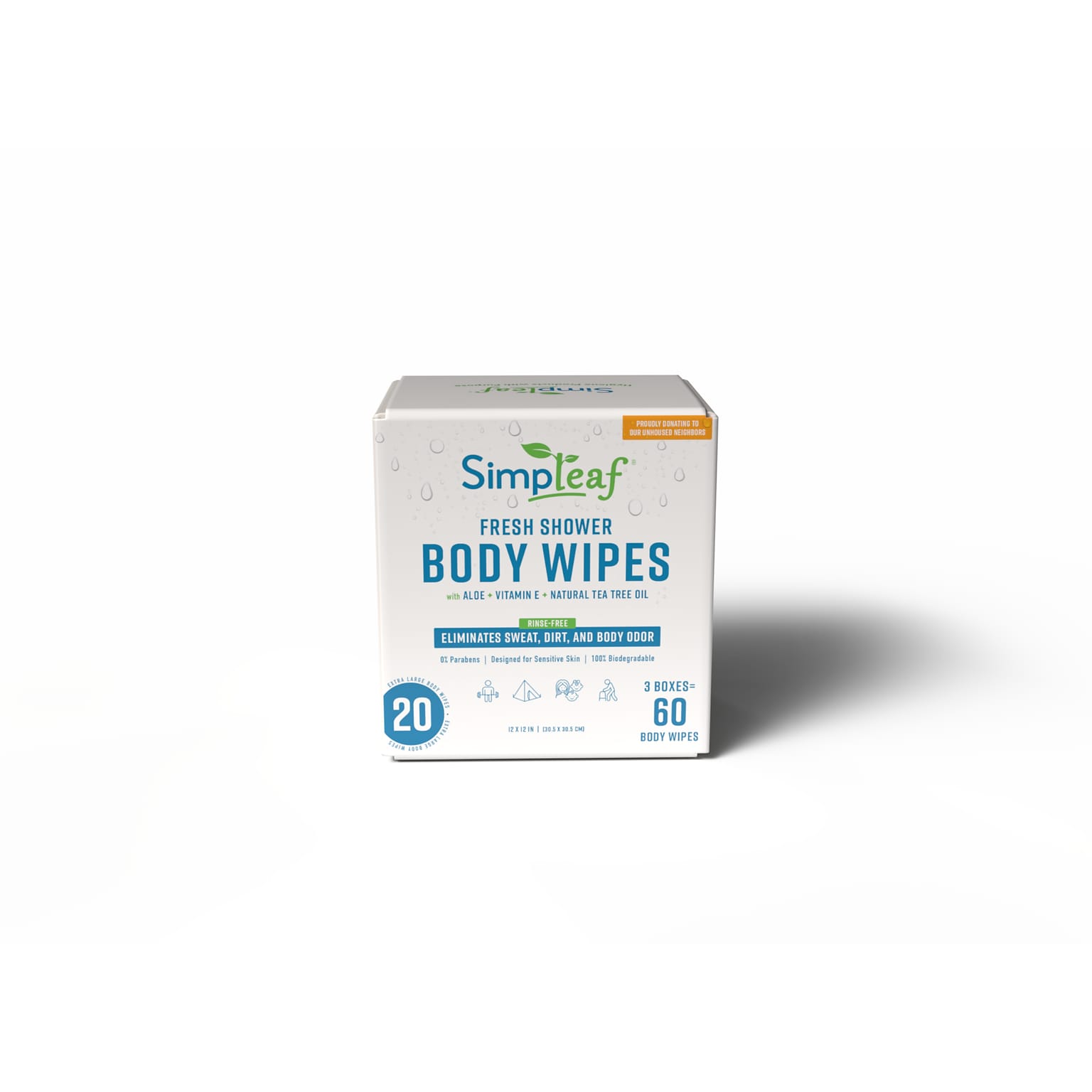 Simpleaf Fresh Shower Body Flushable Wipes, 12 x 12, 20 Single Wipes/Box, 3 Boxes/Carton (S-008-60count)