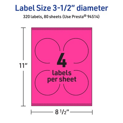 Avery Laser/Inkjet Round Multipurpose Labels, 3.5" Dia., Neon Magenta, 320/Box (94514)