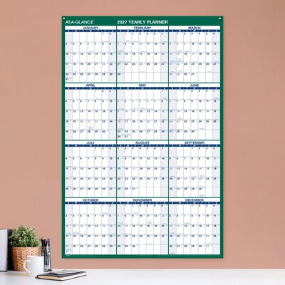 2027 AT-A-GLANCE 32" x 48" Yearly Dry Erase Wall Calendar, Reversible, White/Green (PM310-28-27)