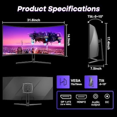 Sansui 34" Curved WQHD 165Hz LED AMD FreeSync Gaming Monitor, HDR, Black (SG34C5QK)