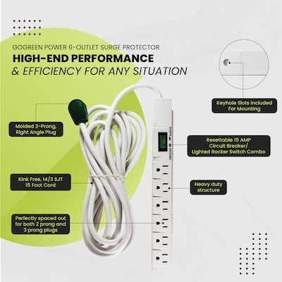 GoGreen Power 15' Surge Protector, 6 Outlets, White (GG-16315-15)