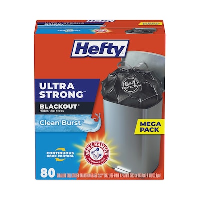 Hefty® Ultra Strong BlackOut Tall-Kitchen Drawstring Bags, 13 gal, 0.9 mil, 23.75 x 24.88, Black,