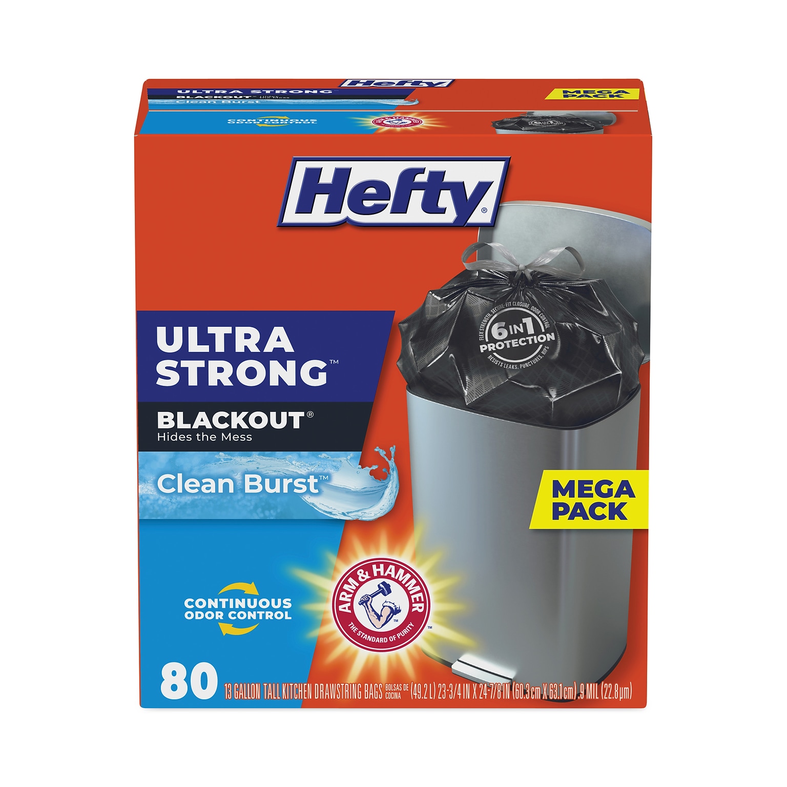 Hefty® Ultra Strong BlackOut Tall-Kitchen Drawstring Bags, 13 gal, 0.9 mil, 23.75 x 24.88, Black, 80 Bags/Box, 3 Boxes/Carton